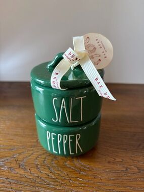 Rae Dunn Glossy Forest Green Stackable Salt & Pepper Set